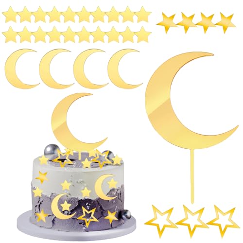 Decoracion Tarta Luna Estrellas, 32pcs Decoracion Tarta Dorada, Topper Tarta Luna, Topper Tarta Estrella, Decoración de Tartas para Cumpleaños, Bodas, Bautizos, Baby Showers, Año Nuevo, Pascua