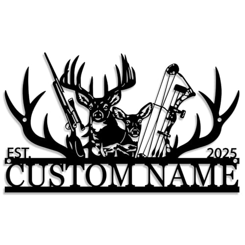 Personalized Deer Hunter Metal Cabin Sign with Bow & Rifle