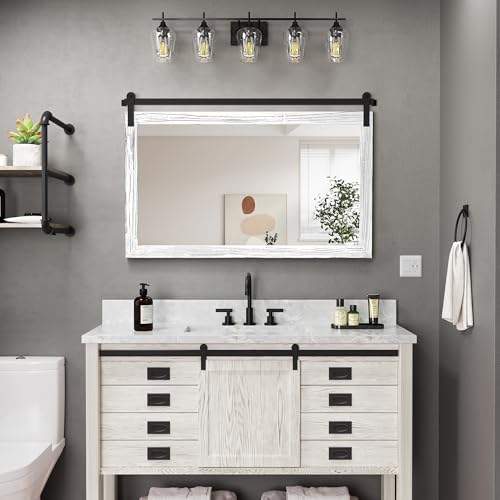 Image of COGOOD Farmhouse Bathroom Mirror - 45 x 30 Large Rectangle Barn Door Mirror for Vanity, Bedroom, Living Room Wall Decor (White)