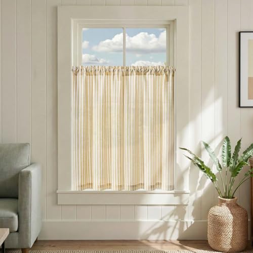 jinchan Striped Linen Kitchen Tier Curtains, 36 Inch, Yellow, 2 Panels