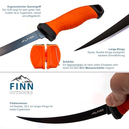 FINN Outdoors® Filetiermesser Set Edelstahl Angelmesser, Fischmesser, Küchenmesser, Ausbeinmesser mit 2in1 Messerschärfer, scharfes Messer zum Angeln & Filetieren, Schnittschutzhandschuhe (orange)