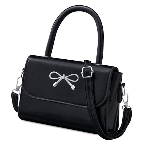 Rancco Crossbody Bag for Women, Black PU Leather Bowknot Shoulder Bag, Purse & Handheld Clutch with Metal Bow, handbag w/Trendy Bag Top Handle, Small Handbags for Vacations, Parties, Romantic Dates