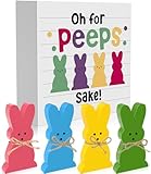 WOHOHOHO 5Pcs Easter Bunny Wooden Décor, 4 Pcs Bunny with Funny Easter Bunny Wooden Box Sign, Oh for Peeps Gift Wood Rabbit Tiered Table Decor for Farmhouse Kitchen Bathroom Office Party Supplies