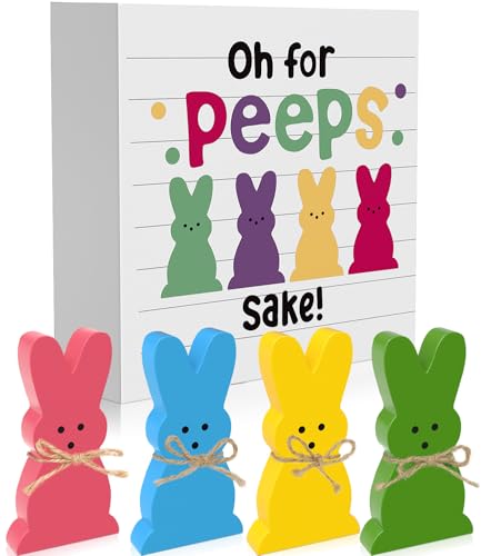 WOHOHOHO 5Pcs Easter Bunny Wooden Décor, 4 Pcs Bunny with Funny Easter Bunny Wooden Box Sign, Oh for Peeps Gift Wood Rabbit Tiered Table Decor for Farmhouse Kitchen Bathroom Office Party Supplies