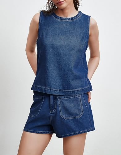 Image of Kedera Summer Denim Set for Women 2 piece Casual Sleeveless Boxy Shirt Tops and Shorts Pants Lounge Sets Outfits