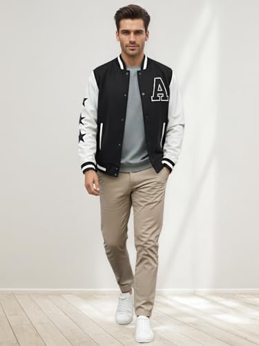 Image of CHKOKKO Men's Regular Varsity Jacket with Snap Button Closure and Patch Design Trendy Comfortable Outerwear for College Travel and Casual Wear