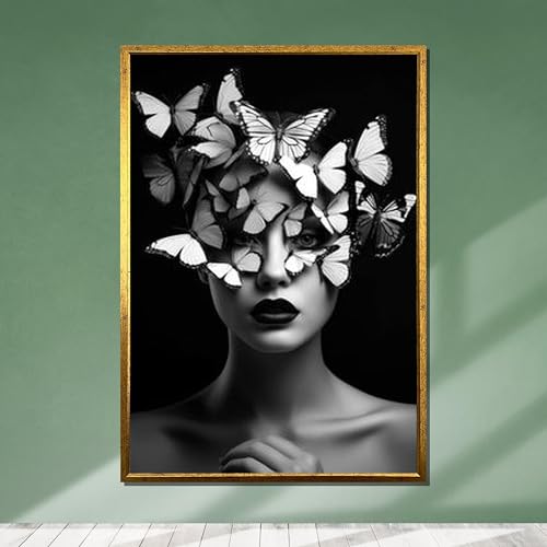 CAOXTART Cuadro en lienzo Mujer Mariposa: Retrato en blanco y negro para pared, Póster surrealista para decoración de paredes del hogar (60x80cm/Marco interno)