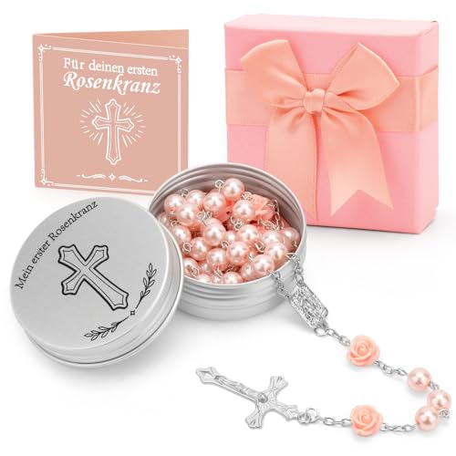 WALLFID,Mein Erster Rosenkranz,Chapelet Catholique,Baptême Fille,Cadeau Spirituel,Avec Carte De Vœux,Boîte Souvenir Et Coffret Cadeau