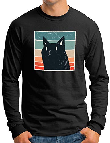 T-shirt manches longues chat noir rétro OM3 pour homme du S au 4XL