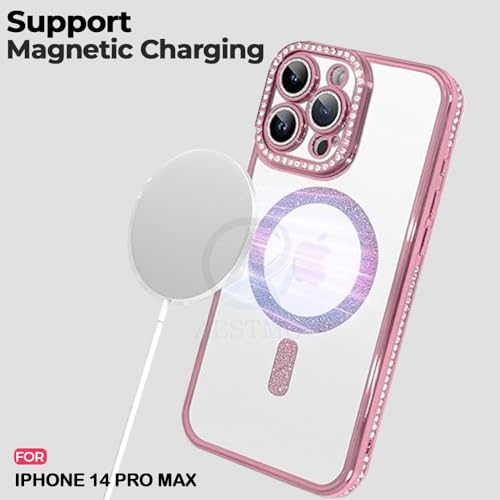 Image of AESTMO Back Cover for iPhone 14 Pro Max Compatible with MagSafe | Diamond Glitter Case | Luxury Bling Rhinestone Soft Clear TPU Bumper | Camera Lens Protection Cover for iPhone 14 Pro Max (Pink)