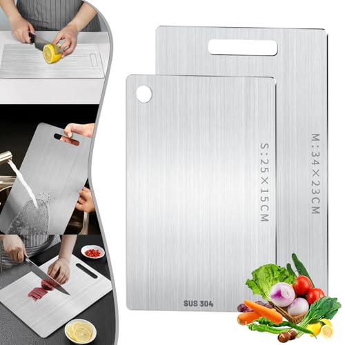 2 Piezas Tabla de Cortar de Titanio y Acero Inoxidable 304, Doble Cara de Grado Alimenticio para Cocina, Carne, Verduras y Frutas