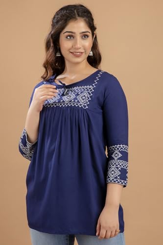 Image of Avayayat Short Kurti for Women | Embroidered Straight Rayon Kurta | Round Neck Full Sleeves Short Kurti for Women's