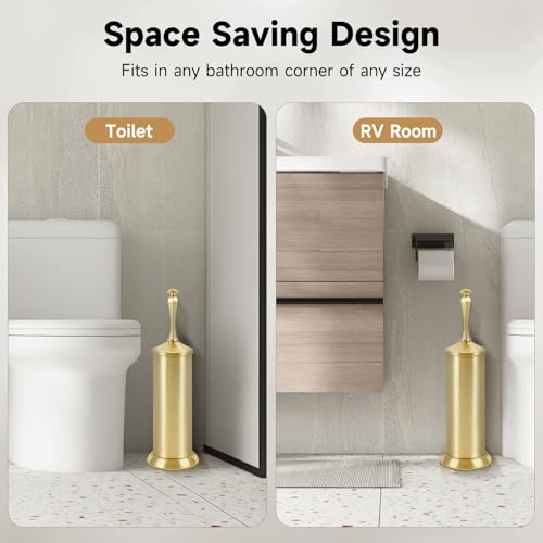 Image of Brushed Gold Toilet Brush and Holder,Extra Long Handled Toilet Brush for Bathroom,Stainless Steel Heavy Duty Toilet Bowl Brush,Deep Cleaning Modern Toilet Cleaner Brush -Space Saving, Covered Brush