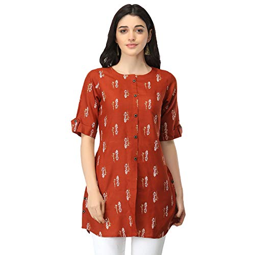 Image of OM SAI LATEST CREATION Slub Rayon Fully Stitched Anarkali Foil Print Kurti for Women & Girls on Jeans Palazzo or Skirt (Plus Size Upto 2XL) (Black)