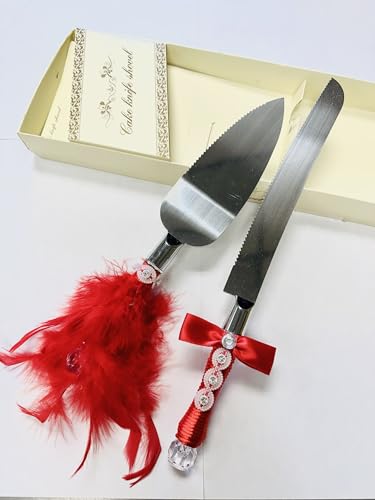 Abbie Home Wedding Cake Knife and Server Set - Red Feather Dress Black Suit Rhinestone Decorated Stainless Steel Cake Tools, Set of 2
