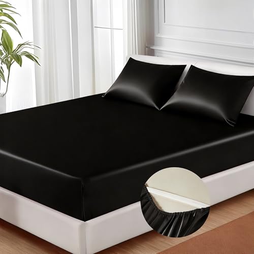 MR&HM Satin Fitted Sheet Queen Size Silky Bottom Sheet with Elastic Corner Straps Deep Pocket up to 15 Inch No More Slipping Off for Mattress - 1 Fitted Sheet Only (Black)