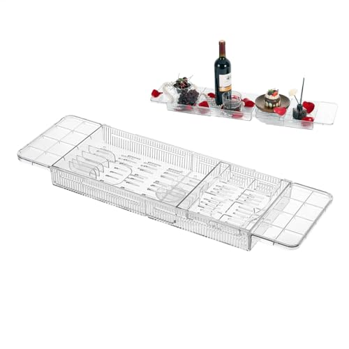 Mesa de bañera para baño, estante de baño antivuelco, bandeja de vidrio para bañera, espacioso organizador de baño con diseño transparente y elegante para almacenar tabletas, bebidas y velas (1 pieza)