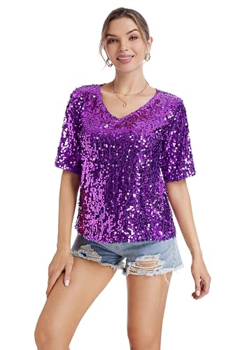 Women’s Sequin Tops Glitter V Neck Loose Summer Shirt...