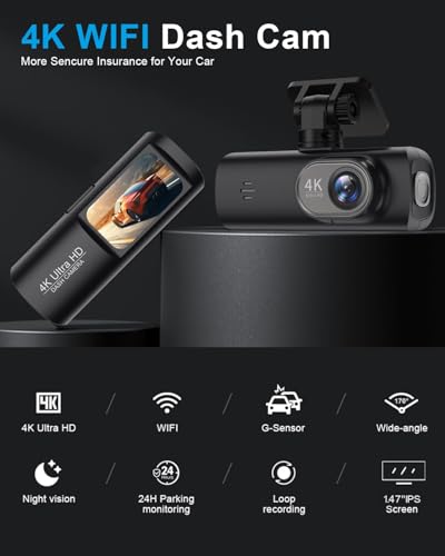 Dash Cam 4K Front, Ultra HD Dash Camera for Cars, 1.47''IPS Screen Mini Car Camera with APP Control, Built-in Wi-Fi & G-Sensor, 24H Parking Mode, Night Vision, WDR, Loop Recording, Support 256GB Max - Image 3
