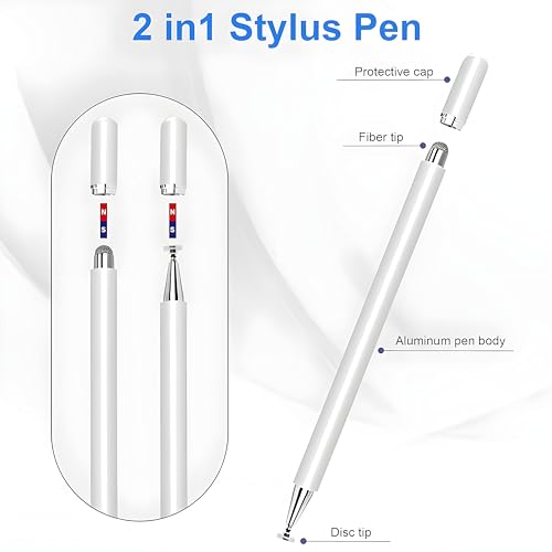 Image of ARVOX 2 Way Universal Stylus Pen for Smartphone /Tablet /iPad /Pro /Air /iPhone /iOS /Android /All Touch Screens Devices| Fine Point Disc Tip, Lightweight Aluminum Body Cap Drawing Writing (White)