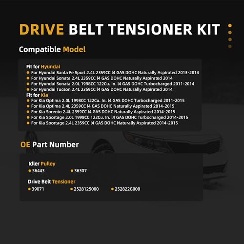 Image of Belt Tensioner Serpentine Belt Idler Pulley Kit for Hyundai Sonata /Tucson /Santa Fe Sport, for Kia Optima /Sorento /Sportage 2011-2015 2.0L 2.4L # 252122G760, 2528125000, 2528825001