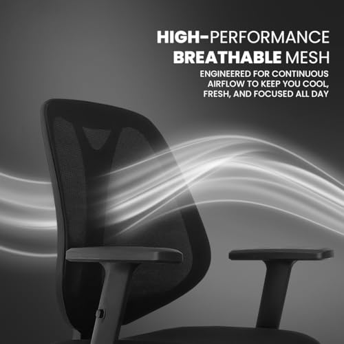 Image of Kepler Brooks Pulse Office Chair for Work | 3-Year Warranty | Ergonomic Office Chair, Study Chair for Home, 1D Arms, Single Lock Recliner, Heavy Duty Nylon Base (Black)