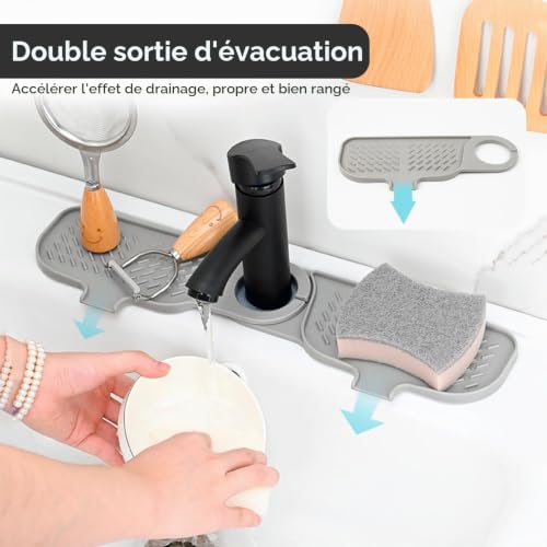 xiruiubao Tapis Robinet Silicone, Patchwork Plateau Anti-Gouttes pour Poignée de Robinet pour Protéger Plans de Travail de Salle de Bain et Cuisine Comptoir Sec, 42 x 10 cm, Gris – vue 3