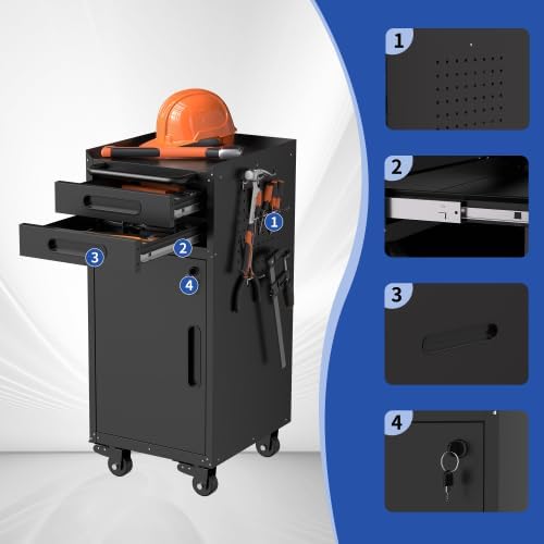 34.3" Narrow Rolling Tool Cabinet - Space-Saving Garage Storage with Lockable Door, 2 Drawers and Large Handle, Slim Metal Organizer for Tight Spaces