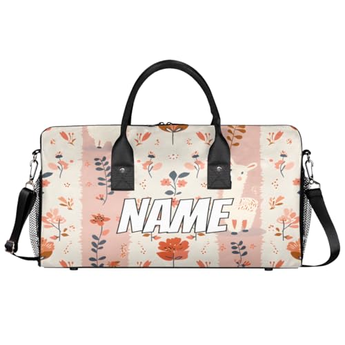 Personalized Llama Alpaca Travel Duffel Bag with Name, Custom Gym Sport Bag Pink White Stripes Carry On Weekend Overnight Duffel Bag for Men Women