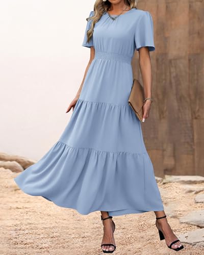 Image of PRETTYGARDEN Women's Casual Smocked Boho Floral A-Line Maxi Dress 2026 | Summer Short Flutter Sleeve Crewneck Tiered Long Sundress,Fall Wedding Guest Dresses,Spring Cute Flowy Beach Vacation Clothes