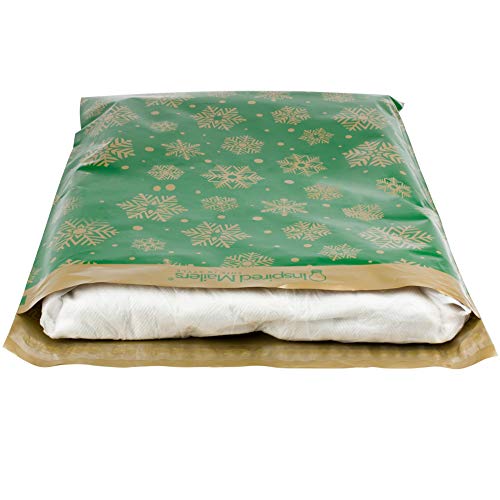 Image of Inspired Mailers - Poly Mailers 14.5x19-50 Pack - Gold Snowflakes Deluxe (Green) - Holiday Shipping Envelopes - Large Mailing Bags - Packing Bags for Shipping
