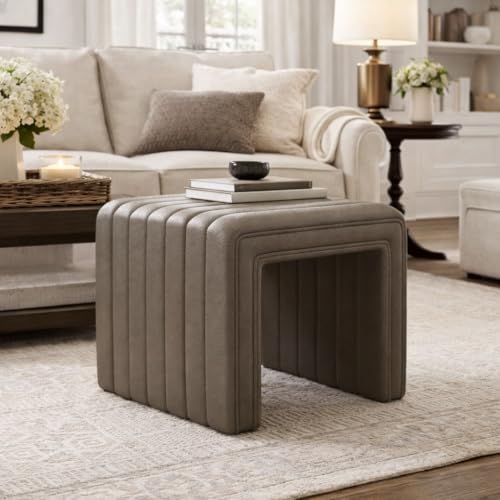 Image of HomePop 19 inch Modern Channel Tufted Ottoman - Pewter Gray Faux Leather