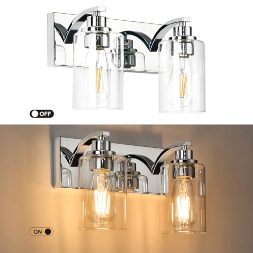 Image of 2-Light Bathroom Light Fixtures Modern Chrome Vanity Lights | Easy to Install Clear Glass Shades, Wall Mount Up or Down, E26 Socket, Hardwired, 125V