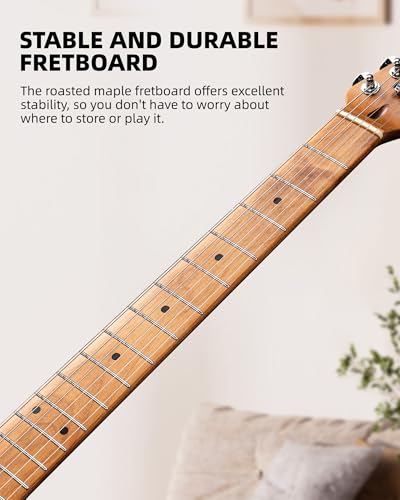 Image of LEKATO Electric Guitar Kit Beginner 39 Inch Full Size Solid Body Guitar HSS for Starter Roasted Maple Neck Fretboard Stainless Steel Frets, 5W Mini Amp, Bag, Tuner, Capo, Strap, String, Picks- Blue