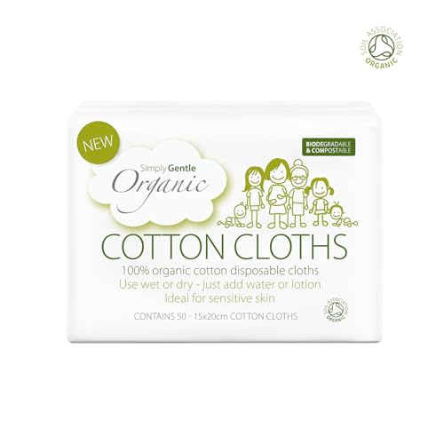 Simply Gentle Organic Dry Wipes, Face Towels, 100% Cotton Pads, for Baby, Newborn Essentials, Plastic Free, Disposable, Sensitive Skin Cleansing Pads, Alternative to Wet Wipes, 50 count