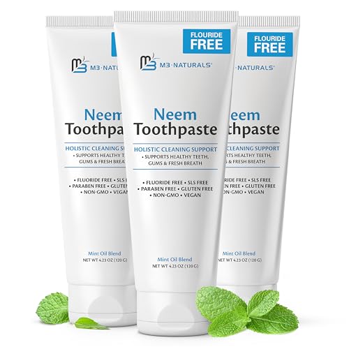 Fluoride-Free Neem Toothpaste with Mint for Adults & Kids with Sensitivity | Vegan, Gluten & SLS Free Herbal Formula for Sensitive Teeth, Healthy Gums and Fresh Breath, 4.23 oz (120g) Pack of 3 by M3