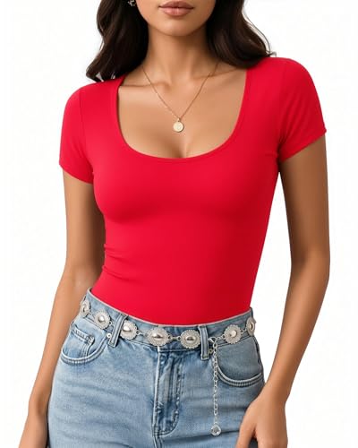 Image of MANGOPOP Women's Round Neck Short Sleeve T Shirts Basic Bodysuits