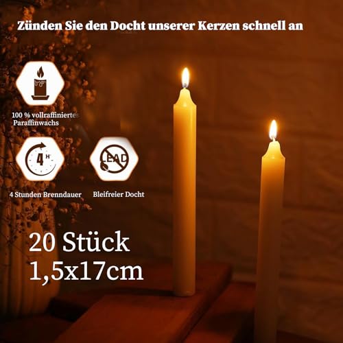 Scentoria 20er Stabkerzen Ø 1,5 cm x 17 cm, Spitzkerzen Weiß, Kerzen Lang mit 4 Std Brenndauer, Tafelkerzen Weiß, Geruchlos Stabkerze für Tisch dekoration, Bankett, Hochzeit