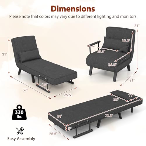 S AFSTAR 4 in 1 Convertible Sofa Chair Bed, Tri-fold Leisure Recliner Sleeper with 6-Position Adjustable Backrest, Pillow & Metal Frame, Folding Chaise Lounge Couch for Apartment, Bedroom, Home, Gray
