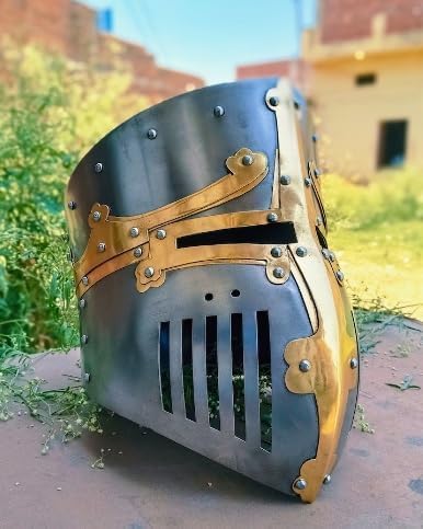 Medieval Templar Warrior 18 Gauge Steel Knight Battle Replica Helmet Crusader Great Helmet, Unisex Cosplay Halloween Costume