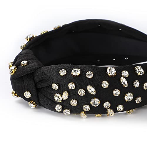 Etercycle Rhinestone Headband, Black Top Knotted Headbands For Women, Fashion Wide Head Band Luxury Sparkly Crystal Jeweled Embellished Hair Accessories #TOP2