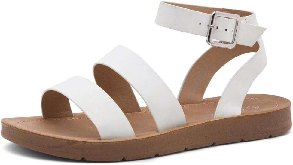 Flat sandals with ankle strap, cushioned footbed for summer.