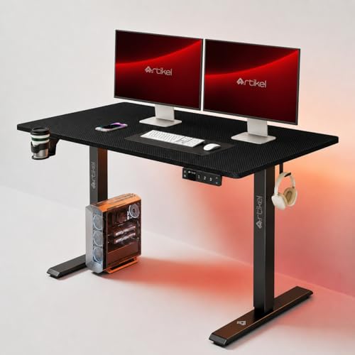 Image of ARTIKEL Artidesk Lite Electric Height Adjustable Table for Office & Home | Sit Stand Gaming Desk|80Kg Wt Lift | Cup Holder Headphone Hook Cable Management|120X60Cm | Carbon Black
