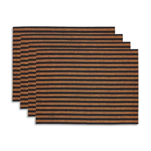 Image of Solino Home 100% Pure Linen Placemats, 14 x 19 in, Pumpkin Stripe, Set of 4 | Amalfi Stripe, define each seat for daily meals and dining, European flax fibres, machine washable, soft, OEKO-TEX Certified