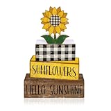 Britimes 4 Pcs Summer Sunflower Decor Wooden Tiered Tray Sign, Farmhouse Rustic Decorative Book Stack Block Sunshine Table Centerpieces for Home Shelf Table Decorations (Sunflower)