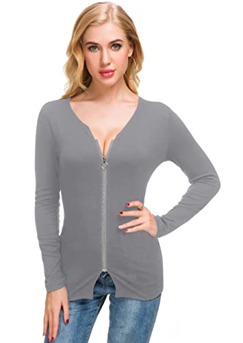 Image of Afibi Women V Neck Zip Front Long Sleeve Casual Top Blouse Shirt /Cardigan