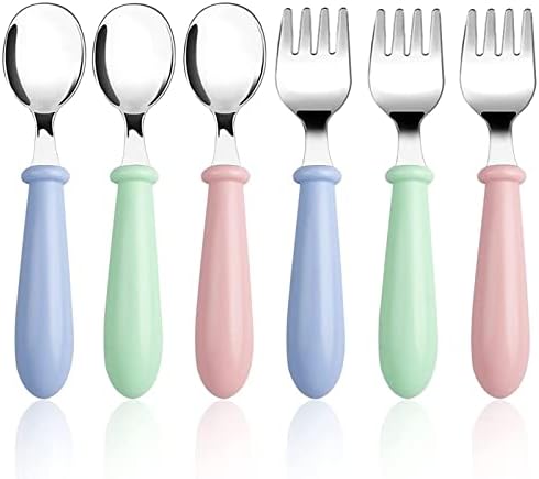 3 Set/6 PCS Baby Fork and Spoon, Toddler Utensils Stainless Steel Baby Forks and Spoons Silverware Set with Round Handle Kids Silverware Children's Flatware Kids Cutlery Set 3 x Forks,3 x Spoons