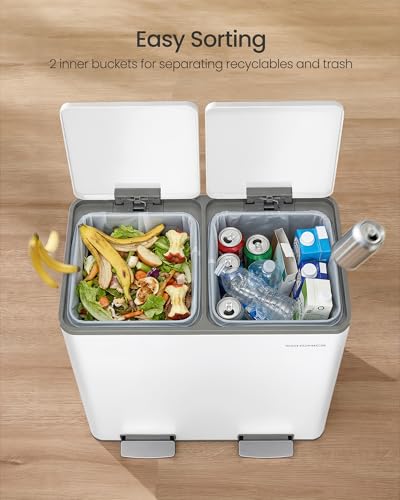 Image of SONGMICS Trash Can, Double Compartment Garbage Can, Stainless Steel | 2 X 8 Gallon (2 x 30 L) for Recycling, with 15 Liner Bags, Soft-Close Lids, Removable Buckets, White ULTB160WZ01