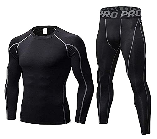 Mens Workout Compression Set Pants And Long Sleeve Shirts Winter Warm Thermal Base Layer Top & Bottom #TOP4