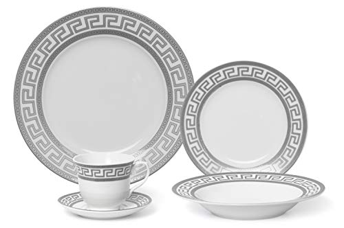 Royalty Porcelain Famous Vintage Platinum Greek 20-pc Silver Greek Dinner Set for 4 Premium Bone China